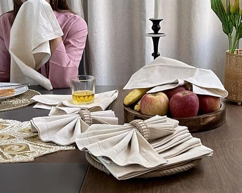 Bedding Craft Linen Flax Cotton Cloth Dinner Napkins Set of 12 – 18x18 Natural Fabric with Hemstitched Mitered Corners – Machine Washable Wedding, Cocktail & Party Table Napkins 5