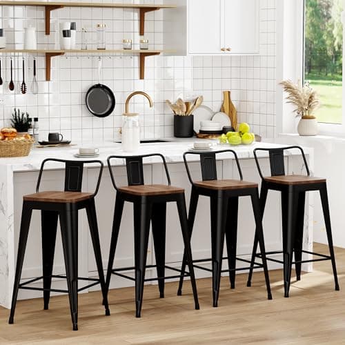 WENTMENT Metal Bar Stools Set of 4 Counter Height Barstools with Removable Back 26" Kitchen Bar Stools with Wooden Seat, Black