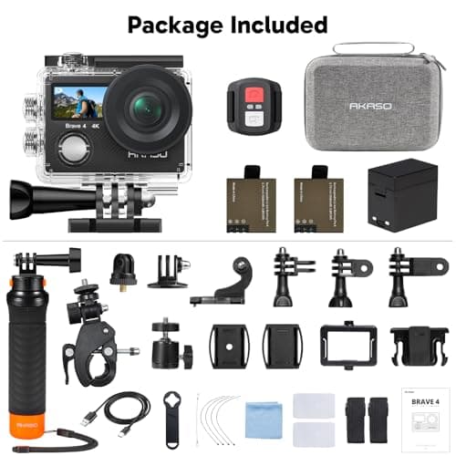 AKASO Brave 4 Action Camera with Waterproof Floating Hand Grip and Carry Bag Bundle - 4K30 20MP Ultra Hd EIS 131ft Underwater Camera 5xZoom Dual Screen with Helmet and Bicycle Accessories Kit 9