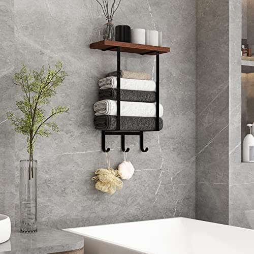 ZUJJAFY Wall Mounted Towel Racks with Wooden Shelf & 3 Hooks, Towel Holder for Small Bathroom Wall Decor, Bath Towel Storage for Rolled Towels Organizer, Matte Black 3