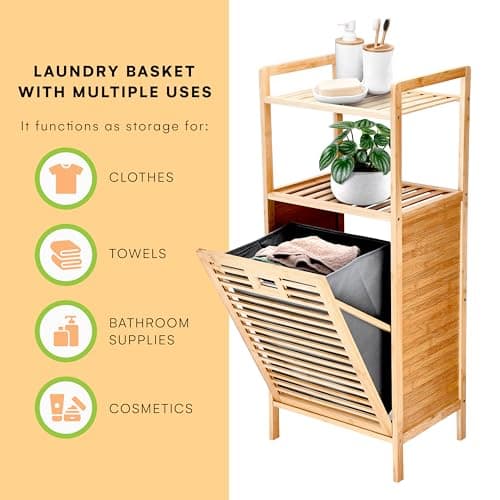 Prosumer’s Choice Bamboo Tilt-Out Laundry Hamper with 2-Tier Storage Shelves – Freestanding Clothes Hamper with Removable Liner, Space-Saving Design for Bathroom or Bedroom – 15.5”L x 11.8”W x 37.4”H 5