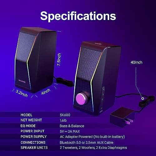 Nylavee Computer Speakers, Bluetooth 5.0 Hi-Fi Stereo PC Speakers, 4 Dynamic Lighting Modes, AC Adapter Powered and 3.5mm AUX-in Computer Speakers for Desktop PC, Monitor, Laptop, Tablet, Phone 6