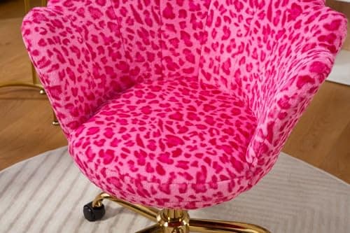 ZOBIDO Comfy Home Office Task Chair with Wheels, Cute Modern Upholstered PU Seashell Back Adjustable Swivel Vanity Desk Chair, for Women,for Girls, Living Room, Bedroom（Rose red Leopard Print 8