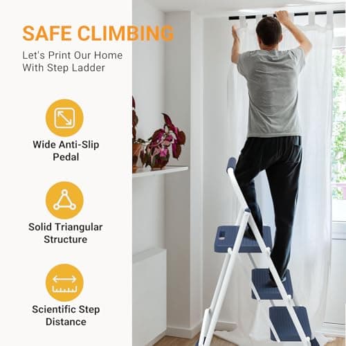 NEWBULIG 3 Step Ladder, Collapsible Step Stool with Safety Lock, Anti-Slip Rubber Feet, Lightweight Portable Ladder for Home Office Garage, Blue 6