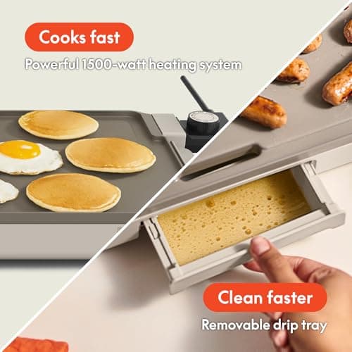 bella 12" x 22" Electric Griddle with EverGood™ Ceramic Nonstick Coating, Removable Temperature Probe, Dishwasher-Safe Drip Tray & Cool Touch Handles, Cook up to 15 Eggs, 1500 Watt, Oatmilk 5