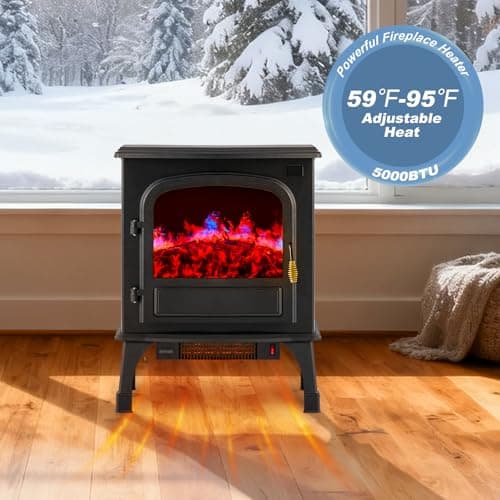 DUMOS 26” Freestanding Electric Fireplace Heater, Electric Fireplace Stove with 3D Flame Effect & Remote Control, Stylish Stove for Home with Safety Features, Adjustable Heat & 12H Timer, Inky 7