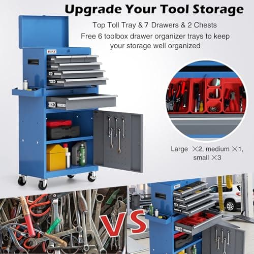 Tool Chest 7-Drawer | 40'' Large Rolling Tool Chest with Wheels | Detachable Top Metal Tool Box | Garage Storage Cabinet for Repair Room,Warehouse | Rolling Tool Box with Hooks,Liners,Tray Divider 5