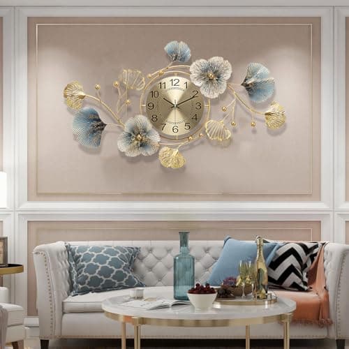 TANWO Large Wall Clock 33 Inch Silent Non-Ticking Decorative Clock Wall Metal Ginkgo Leaf Unique Design Fancy Wall Clock for Living Room, Bedroom, Office, Home, School…