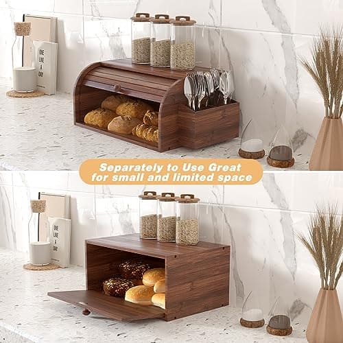 TQVAI Bamboo Bread Box for Kitchen Counter Dobule Layer Roll Top Bread Storage Container with Silverware Basket - Can Use as 2 Individual Bread Bin - Assembly Required, Retro Brown 7