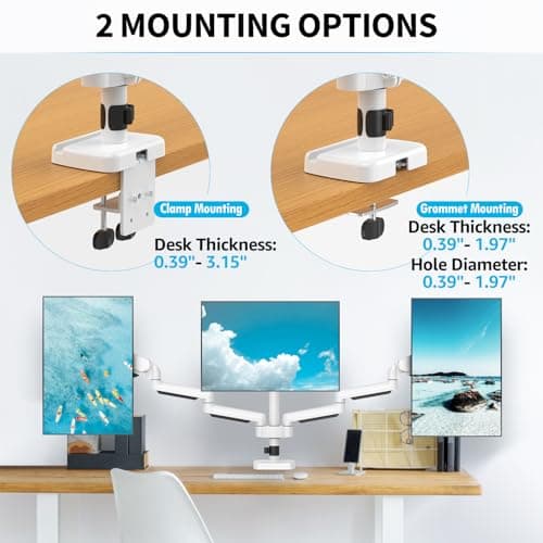 MOUNTUP Triple Monitor Stand Mount - 3 Monitors Desk Mount for Computer Screens Up to 27 inch, Triple Monitor Arm, Heavy Duty Monitors Stand, Each Arm Holds 4.4-19.8 lbs, White 5