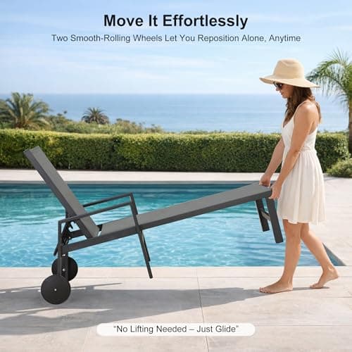 PURPLE LEAF 2 Pieces Outdoor Chaise Lounge Aluminum Patio Lounge Chair with Wheels and Armrests Outdoor Lounge Recliner Chair for Pool Backyard Beach Grey 7