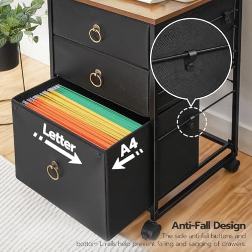 HOOBRO 3-Drawer Mobile File Cabinet, Vertical Filing Cabinet, Under Desk Storage Drawers for Home Office, Rolling Printer Stand, A4/Letter-Sized, Nonwovens Drawer, Rustic Brown and Black BFK30WJ01 5