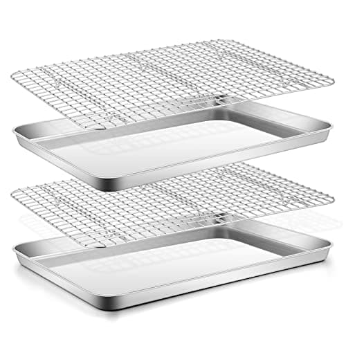 Stainless Steel Baking Sheet with Rack Set, E-far 16”x12” Cookie Sheet Pan for Oven, Rimmed Metal Tray with Wire Cooling Rack for Cooking Roasting Resting Bacon Meat Steak - Dishwasher Safe