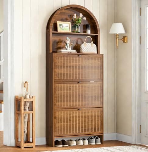 Limaoaio Shoe Storage Cabinet for Entryway with 3 Flip Drawers, 78.7 Inch Tall Arched Hidden Shoe Cabinet with Shelves, Narrow Freestanding Shoe Rack Organizer with Fluted Panel for Hallway (Walnut)