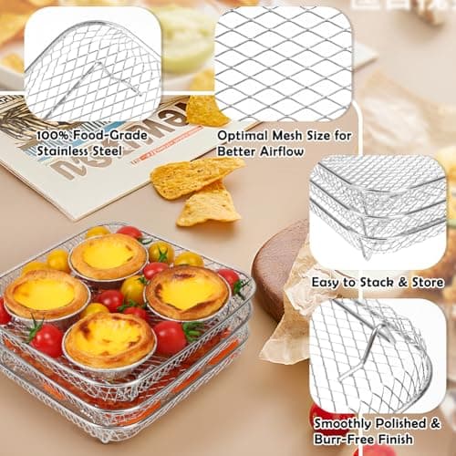 BYKITCHEN 8 inch Square Air Fryer Rack, 3pcs Stackable Stainless Steel Dehydrator Rack with Silicon Feet, Square Air Fryer Accessories for Cosori, Instant Vortex, Ninja Pro XL 6.5 QT AF181 & More 7