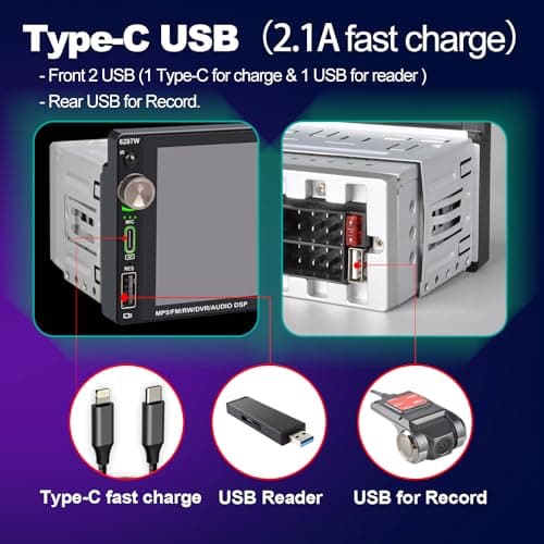 [Wireless] Alondy Single Din Car Stereo with 6.9" Touchscreen Compatible with Apple CarPlay/Android Auto Bluetooth AM/FM Radio Type-C USB 2.1A Fast Charge Rear View Camera Mic 7