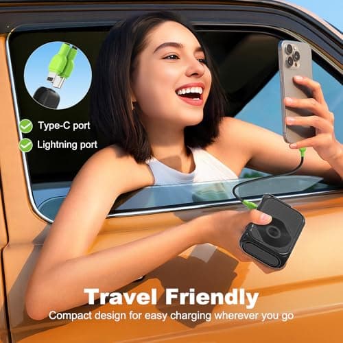 SEANCHEER P05 Portable Charger, Magnetic Power Bank, Small Wireless PowerBank, Battery Pack 10000mAh Travel Essentials Fast Charging with Built in Cable, Foldable Wall Plug for iPhone,Samsung,Andriod 4