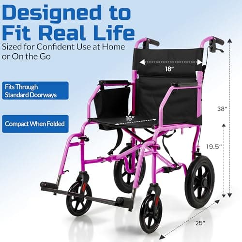 Platinum Health Hummingbird™ Ultra-Lightweight Foldable Transport Wheelchair, Handbrakes,12-Inch Rear Wheels, Extra-Wide Seat. Convenient Table-Length Padded Armrests. (Sunrise Pink) 6