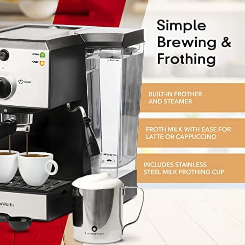 EspressoWorks All-In-One Espresso Machine with Milk Frother 7-Piece Set - Latte Maker Includes Grinder, Frothing Pitcher, Cups, Spoon and Tamper - Coffee Gifts (Stainless Steel) 6