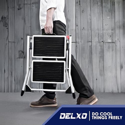 Delxo Portable Collapsible Lightweight Alloy Steel 2 Step Mini Stool Stepladder with Anti Slip Carry Hand Grip and Wide Pedal for Indoor Use, White 6