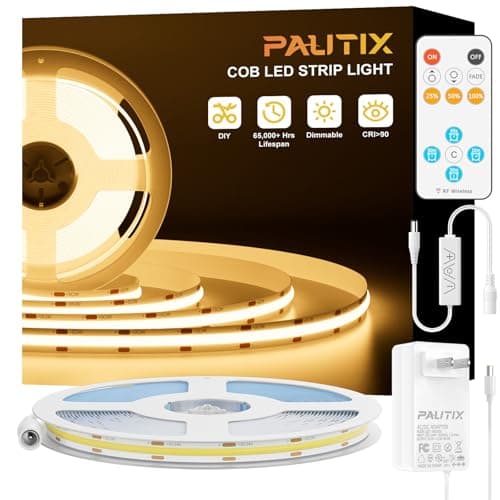 PAUTIX COB LED Strip Light,LED Lights 16.4ft,UL Listed Warm White 2700K Dotless Strip Lights,CRI93+ Super Bright Dimmable 24V Flexible Tape Light with RF Remote,for Cabinets,Kitchen Office Lighting