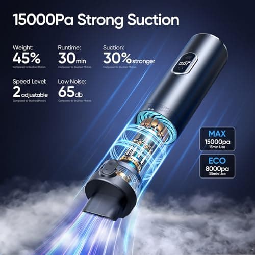 PUFTEM Car Vacuum Cleaner, 15000Pa High Power Handheld Vacuum, LED Display Cordless Car Vacuum, 2 Speeds, 30 Mins Runtime, 150ml Dust Cup, 4 in 1 Portable Mini Vacuum for Car, Home, Office 2