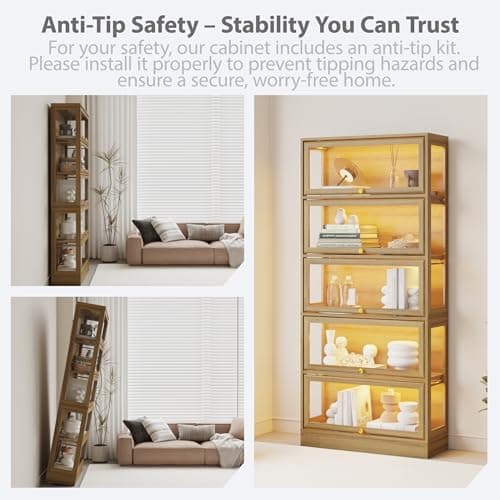 BONITURE Display Cabinet with Acrylic Glass Doors,5-Tiers Curio Cabinet with LED Lighting for Collectibles, Collectibles Toy Organizers Rack & Display Shelf Display Case Storage Cabinet, Nature 8