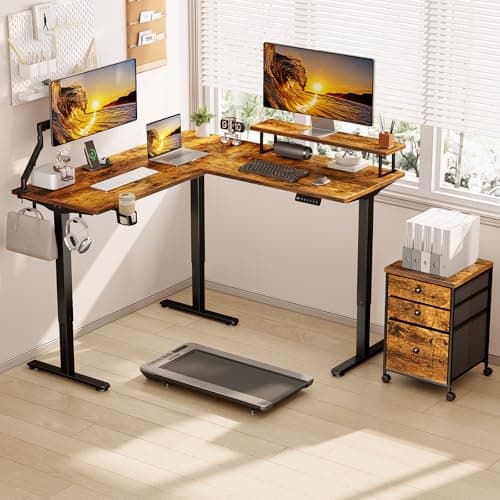 Electric L Shaped Standing Desk with File Cabinet, 59" x 59" Corner Computer Desk with Drawers, Dual Motor Stand Up Desk with Storage, FLYCITY Home Office Standing Desk Adjustable Height, Rustic Brown 8