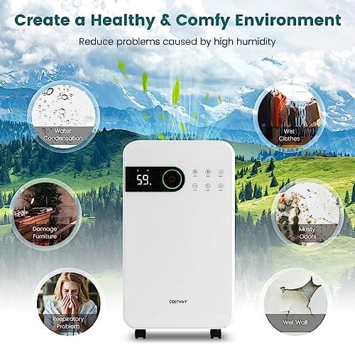 COSTWAY 2,500 Sq. Ft Dehumidifier for Basement, 32 Pints Home Dehumidifier with Wheels, Sleep Mode, 24H Timer, 3-Color LED Indicator Light & Child Safety Lock 8