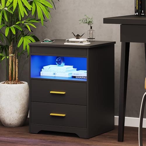 Night Stand with Gun Drawer, Charging Bedside Table with USB & Type-C Port, LED Nightstand with Human Sensor Light, Modern End Table with Drawers for Bedroom Office, Black 7