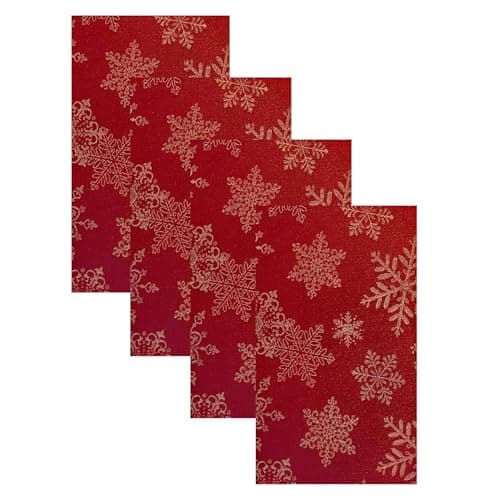 Newbridge Fancy Metallic Snowflake Christmas Fabric Napkins, Set of 4, Red Gold, No-Iron Soil Resistant Sparkling Snowflakes Woven Holiday Cloth Napkins