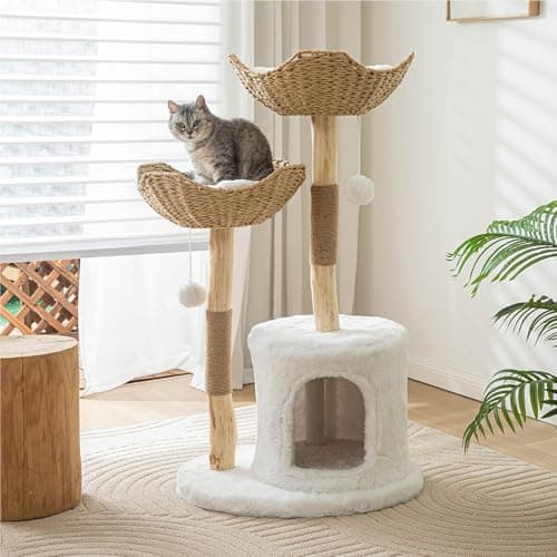 Modern Cat Tree for Indoor Cats Large Adult, 46.5" Tall Wooden Cat Tower for Large Cats with Scratching Post, Luxury Cat Condo, White