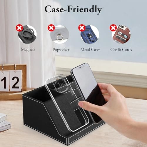 TopMade Wireless Charger Desk Nightstand Organizer, Leather Pen Holder Office Supplies Desk Accessories Fast Charging Station, Remote Control Holder, for iphone Charger Stand Gifts for Men (Black) 10