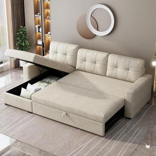 Ball & Cast Convertible Sofa Bed with Reversible Storage Chaise,Linen Sleeper Sofa Couch L Shaped Pull Out Couch Bed,Small Corner Sectional Sofa Couches for Living Room,Beige 6