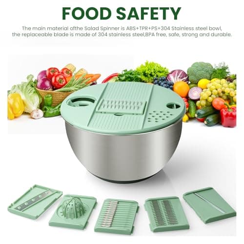 4.25 Qt Stainless Steel Salad Spinner Large, Salad Wash Bowl, Fruit & Vegetable Dryer, with 5-Blade Slicer, Egg Yolk Strainer and Shredder for Efficient Salad Preparation and Food Washing 6