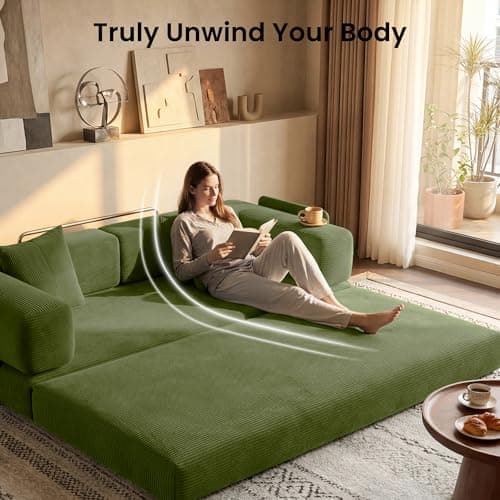 CUBENTE 78.8" Convertible Sofa Bed,Corduroy Futon Couch with Storage Pocket,Folding Pull Out Futon Sofa,No Assembly Boneless Couch for Living Room,Green 5
