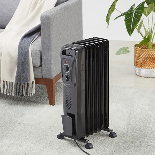 Amazon Basics Portable Oil Radiator Heater, Indoor Use, 3 Heat Settings, Over-Heat Protection, ETL-certified Safety, 7 Oil-Filled Steel Fins, 1500W, Tip-Over Protection, 11"D x 14.8"W x 25.2"H, Black 7