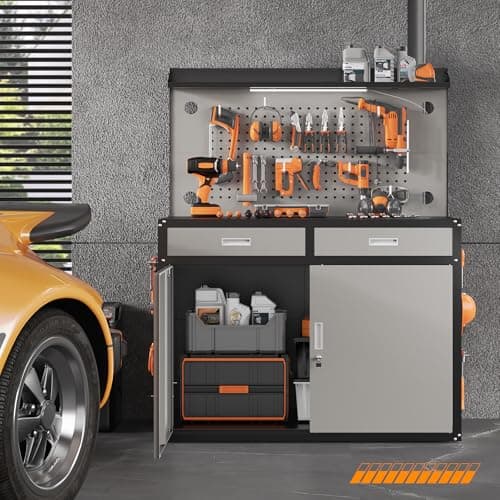Rumetol 65" Heavy Duty Garage Workbench with Storage Drawers & Pegboard,2000lbs Capacity Metal Work Bench with Lockable Magnetic Cabinets,Adjustable LED Light for Workshop/Garage 7