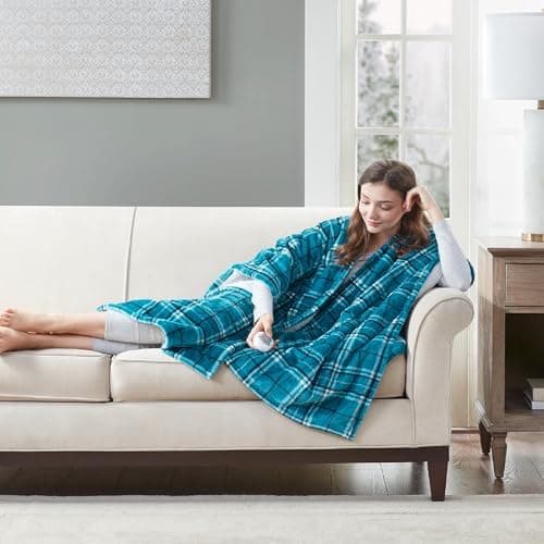 Degrees of Comfort Heated Sherpa Wrap Shawl, Cozy Winter Electric Blanket Throw, for Grandma Mom Women, Washable, Auto Shut-Off, Reversible 50 x 64 Inch, Blue Plaid 6
