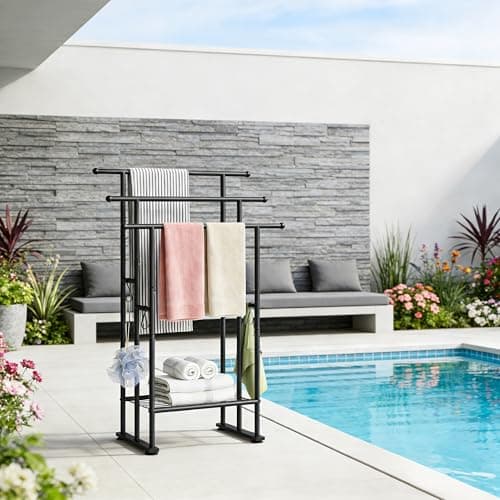 ELYKEN 3 Tier Standing Towel Rack, 40'' Tall Towel Drying Rack Outdoor, Freestanding Floor Towel Rack with Shelf, Pool Towel Blanket Stand, Metal Towel Racks for Bathroom freestanding, Matte Black 9