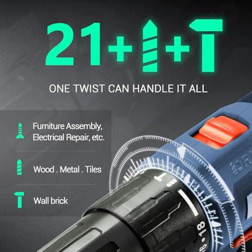 CloudDream Cordless Drill Set,Electric Power Drill with 2 Battery,60N.m,21+1 Torque,2 Variable Speed,30pcs Acessories,Built-in LED,Kit for Home 6