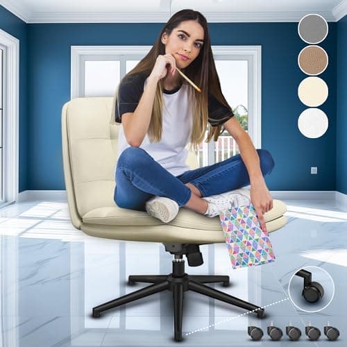 Criss Cross Desk Chair for Cross Legged Sitting, Easy to Assemble with Wheels - Premium Detachable Wheel and Swivel Design, Cozy Beige Ergonomic Office Chair with Wide Comfy Seating