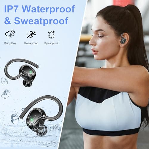 Wireless Earbud, 48Hrs Bluetooth 5.3 Headphones Over Ear IP7 Waterproof, Sports Wireless Earphones in Ear with Dual LED Display, Stereo Bass Over Ear bud with Earhooks for Workout/Running/Gym, Black 7