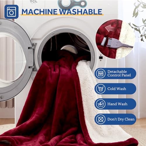 Sealy Electric Blanket Throw Size 50"*60",Super Cozy Flannel to Sherpa Reversible Heated Blanket Throw with 6 Heating Levels & 2-10 Hours Auto Off Overheating Protection Machine Washable,Red 7