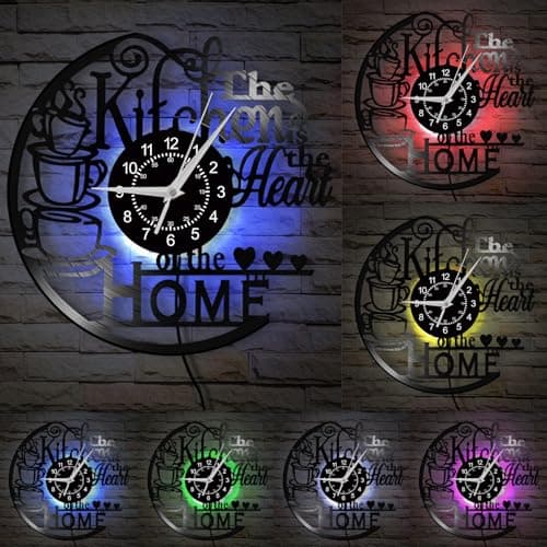 Timeglow 12'' Kitchen Vinyl Record Wall Clock 7 Kinds of LED Color, Kitchen Heart Home Theme Wall Clock Night Light Silent Non Ticking Coffee Bar Wall Watch Clock for Women Wife Restaurant Dining Room 3