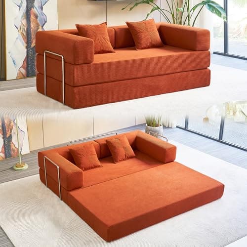 MOEYURO Compression Sofa - 78''Convertible Floor Sofa Bed - with Pillow Back Support Armrest - Comfy Foldable Sofa Bed Compressed Sofa in Box - Corduroy Fabric - for Living Room Bedroom(Orange)