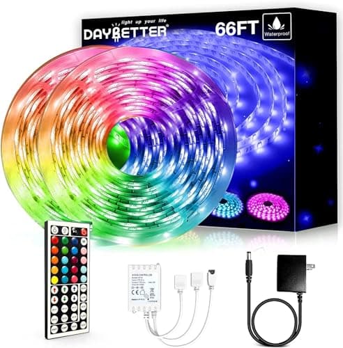 DAYBETTER Waterproof LED Light Strips 66ft, Outdoor LED Strip Lights Color Changing 5050 RGB LED Strip Lights with Remote Control, LED Lights for Indoor Outdoor Use, IP65 (2 Rolls of 33ft)