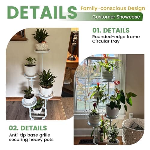 TOSKING 5-Tier Metal Plant Stand, Anti-Tip Round Base for Pots, Child & Pet Friendly, Space Saving Corner Shelf Flower Pot for Indoor Outdoor Use, Living Room Balcony Patio Garden (White, 38in) 6