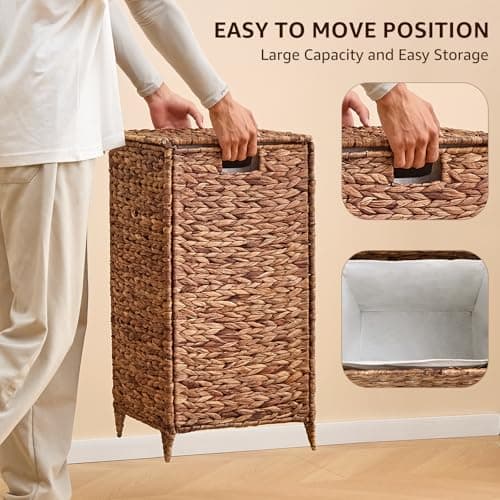 Large Laundry Hamper with Lid and 2 Removable Liner Bags, Natural Handwove Seagrass Clothes Hamper,Wicker Laundry Basket, Foldable, Heightened Feet,Rattan Clothes Laundry Basket (S-BN) 6