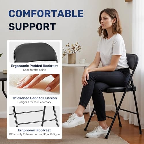 Simple Deluxe 2 Pack Folding Chairs with Leather Padded Cushion Seats & Durable Metal Frame, Comfortable, Foldable, Portable, Commercial Event, Indoor Outdoor Gift for Party, Home, Office, Vinyl Black 6
